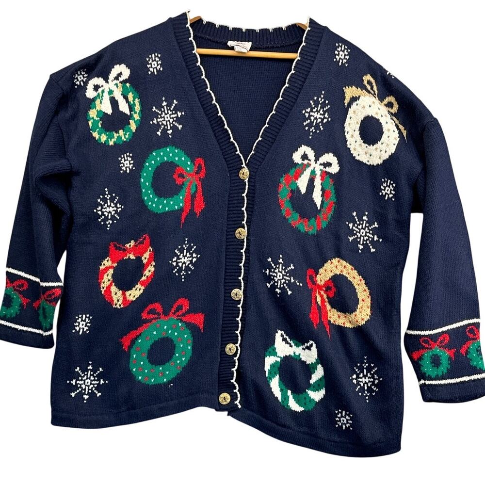 NutCracker Vintage Wreath Christmas Holiday Button Cardigan Sweater Women Medium